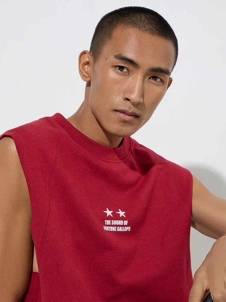 Nuon Red Text Printed Relaxed-Fit Cotton T-Shirt