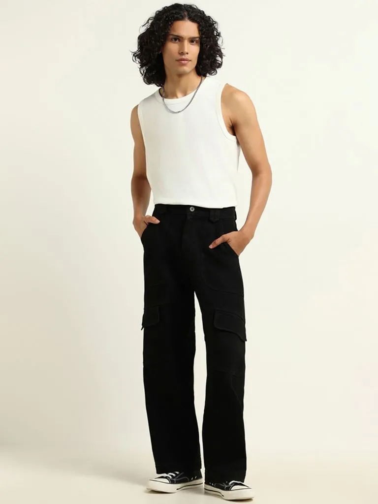 Nuon White Ribbed Slim Fit Cotton T-Shirt