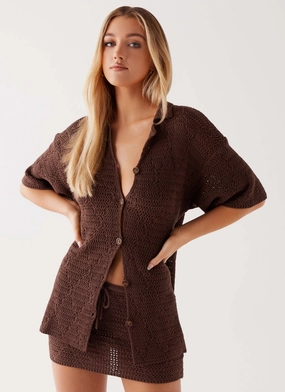 FlexibleElasticatedEdging Stretchable Knit Nylah Oversized Crochet Shirt - Chocolate