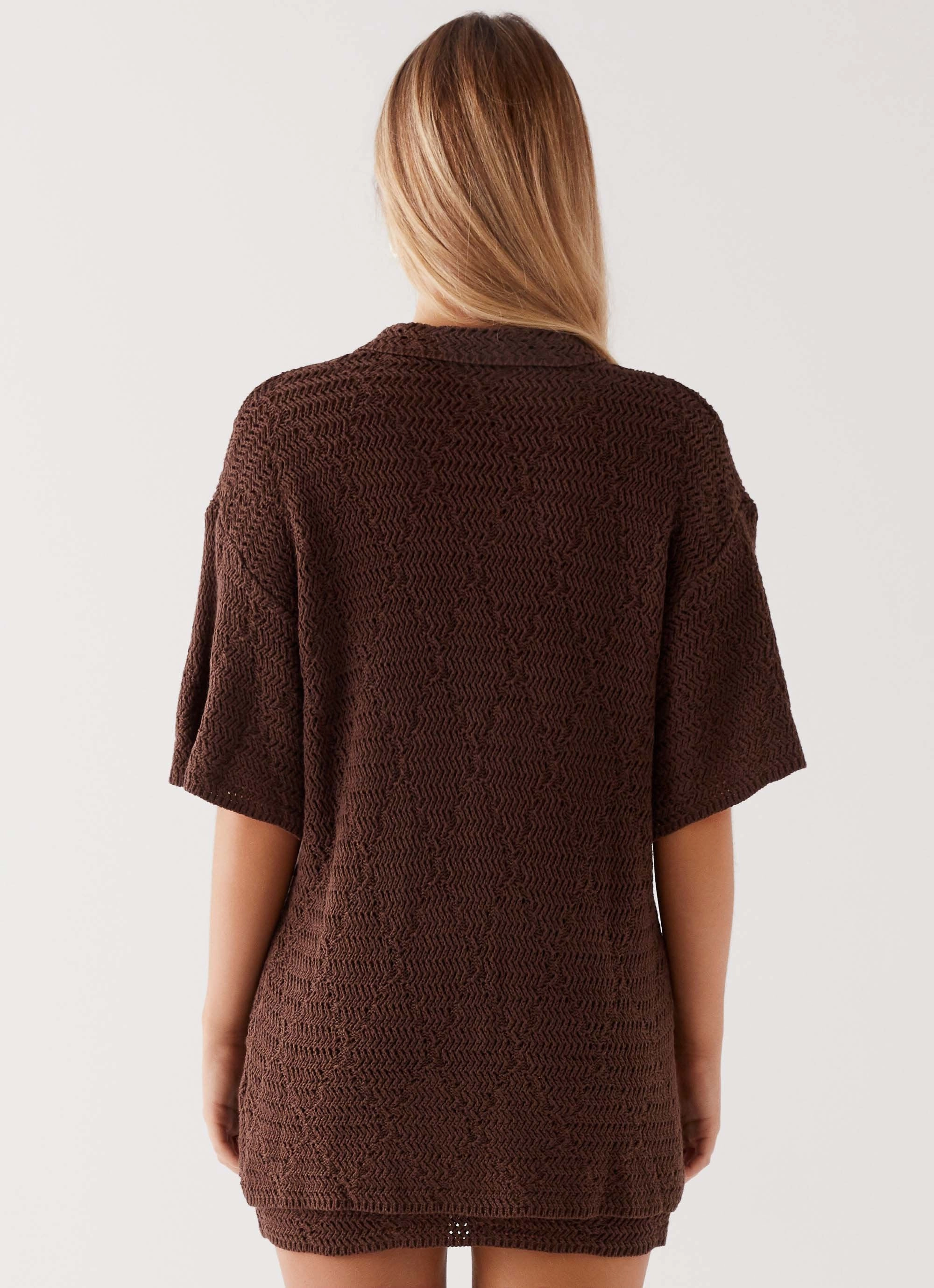 Nylah Oversized Crochet Shirt - Chocolate Flatlock Seams CrewNeck