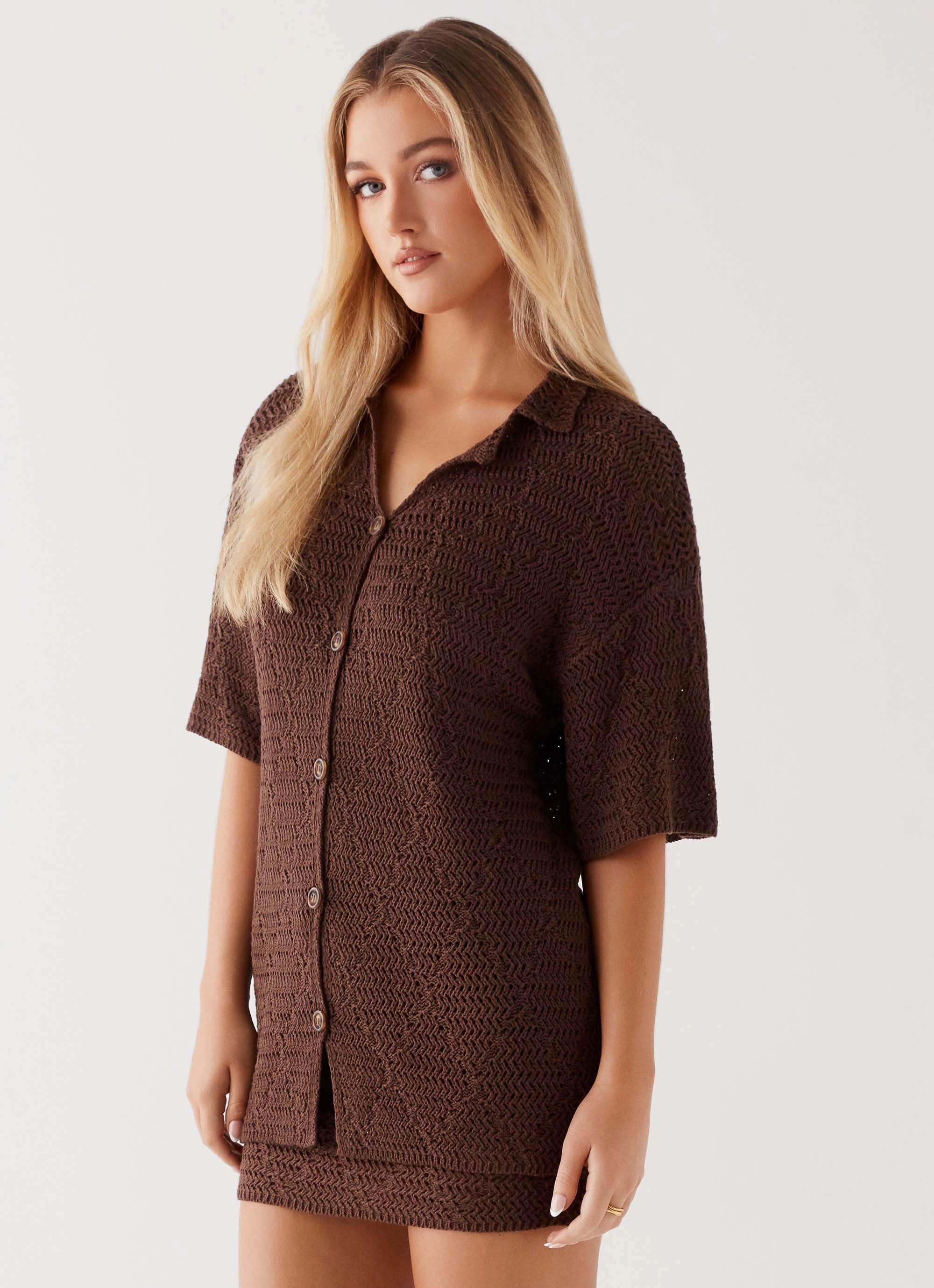 Variable Tension Adjustment SeamlessKnitConstruction Nylah Oversized Crochet Shirt - Chocolate