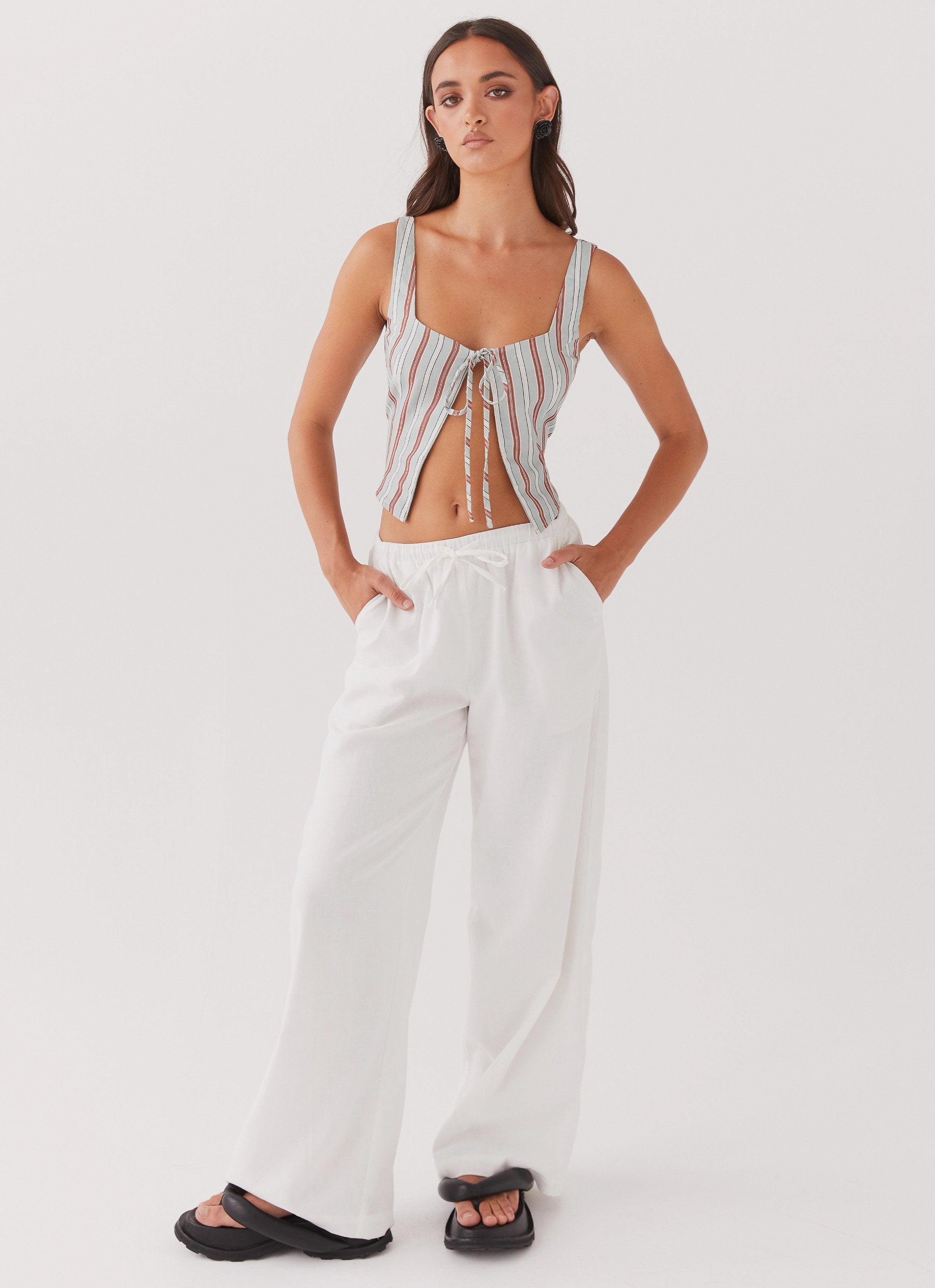 Oasis Dreams Linen Tie Top - Coastal Stripe Sleeveless Top Ribbed Knit Fabric