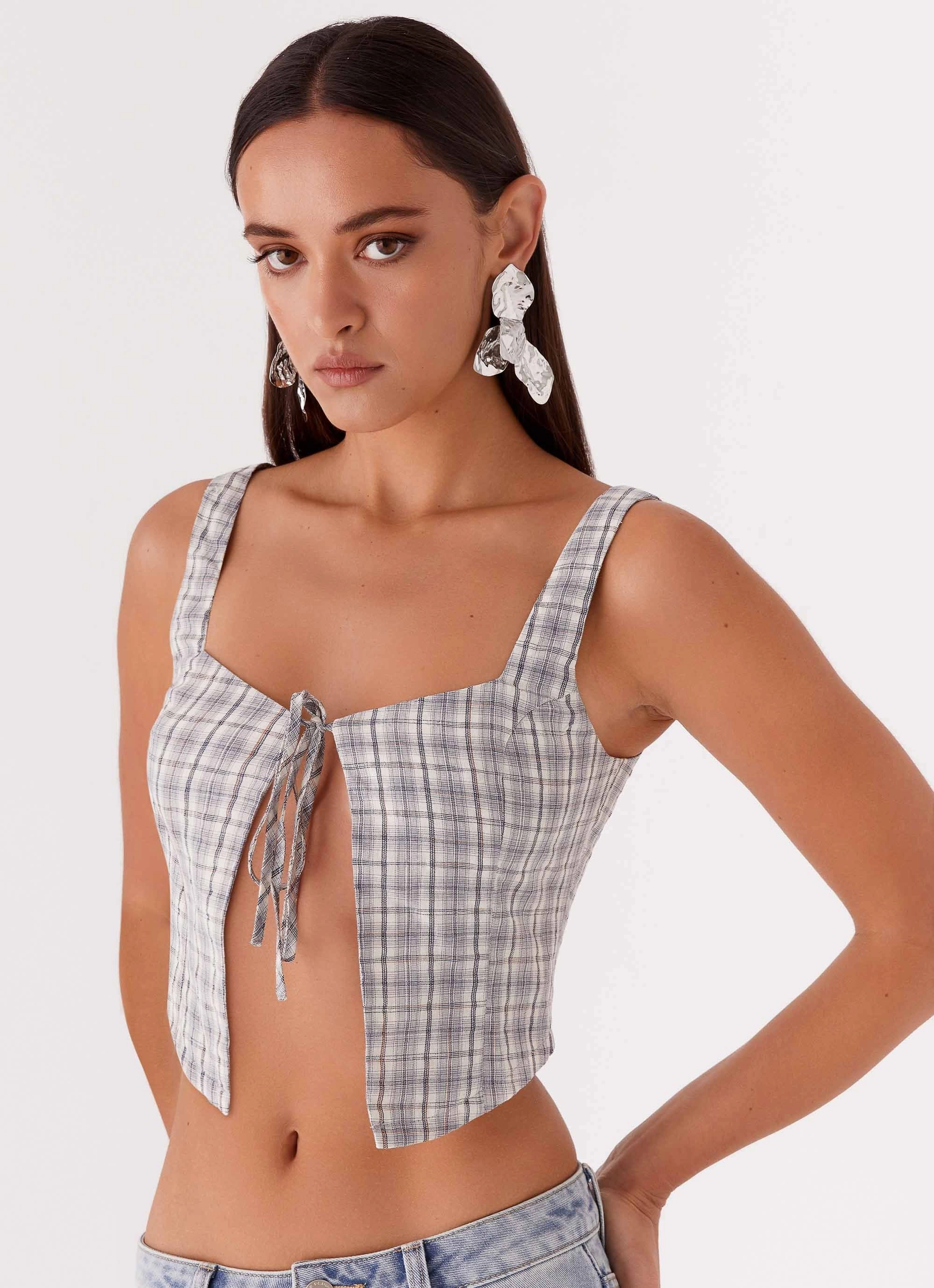 Oasis Dreams Tie Top - Check HiddenPocket Elasticized Waistband