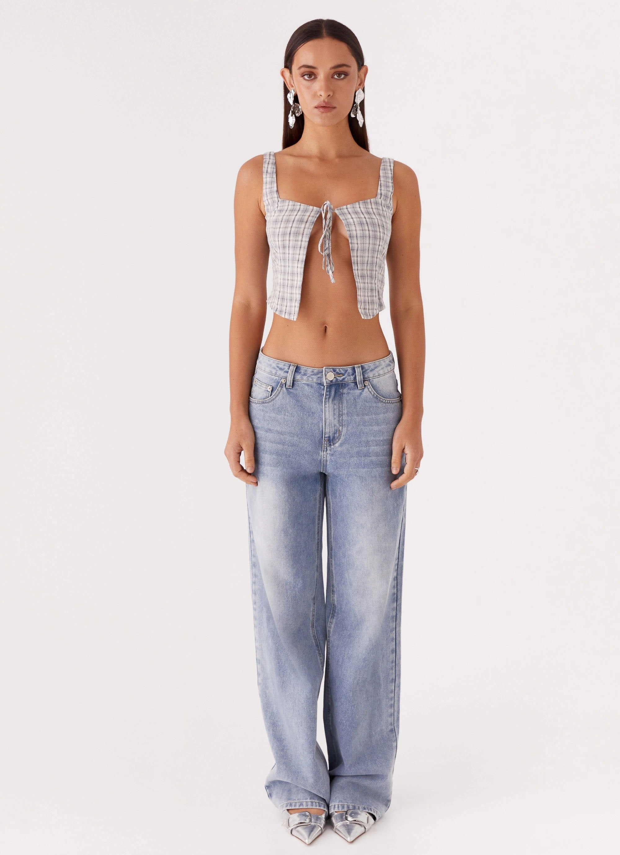 Oasis Dreams Tie Top - Check Non Slip Shoulder Seams Stretch Woven Material