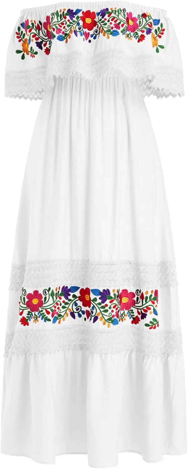 OBEEII Mexican Embroidered Dress for Women Traditional Off Shoulder Floral Embroidery Lace Cinco de Mayo Fiesta Maxi Dress