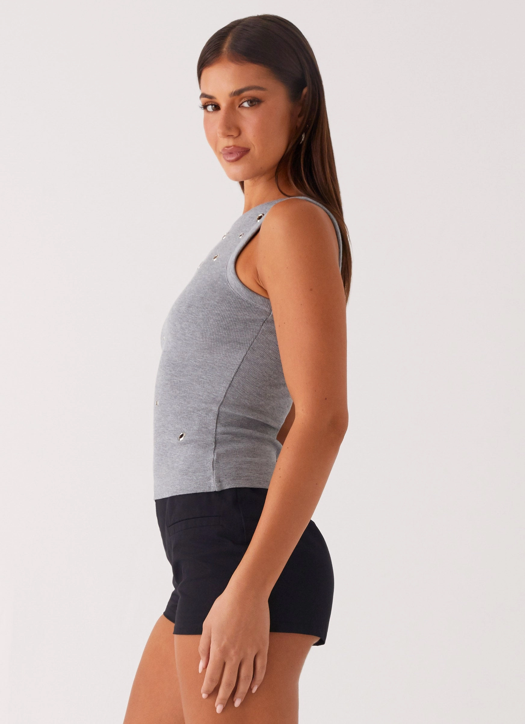 Self Fabric Tie Closure Contrast Stitch Detail Oblivion Tank Top - Grey