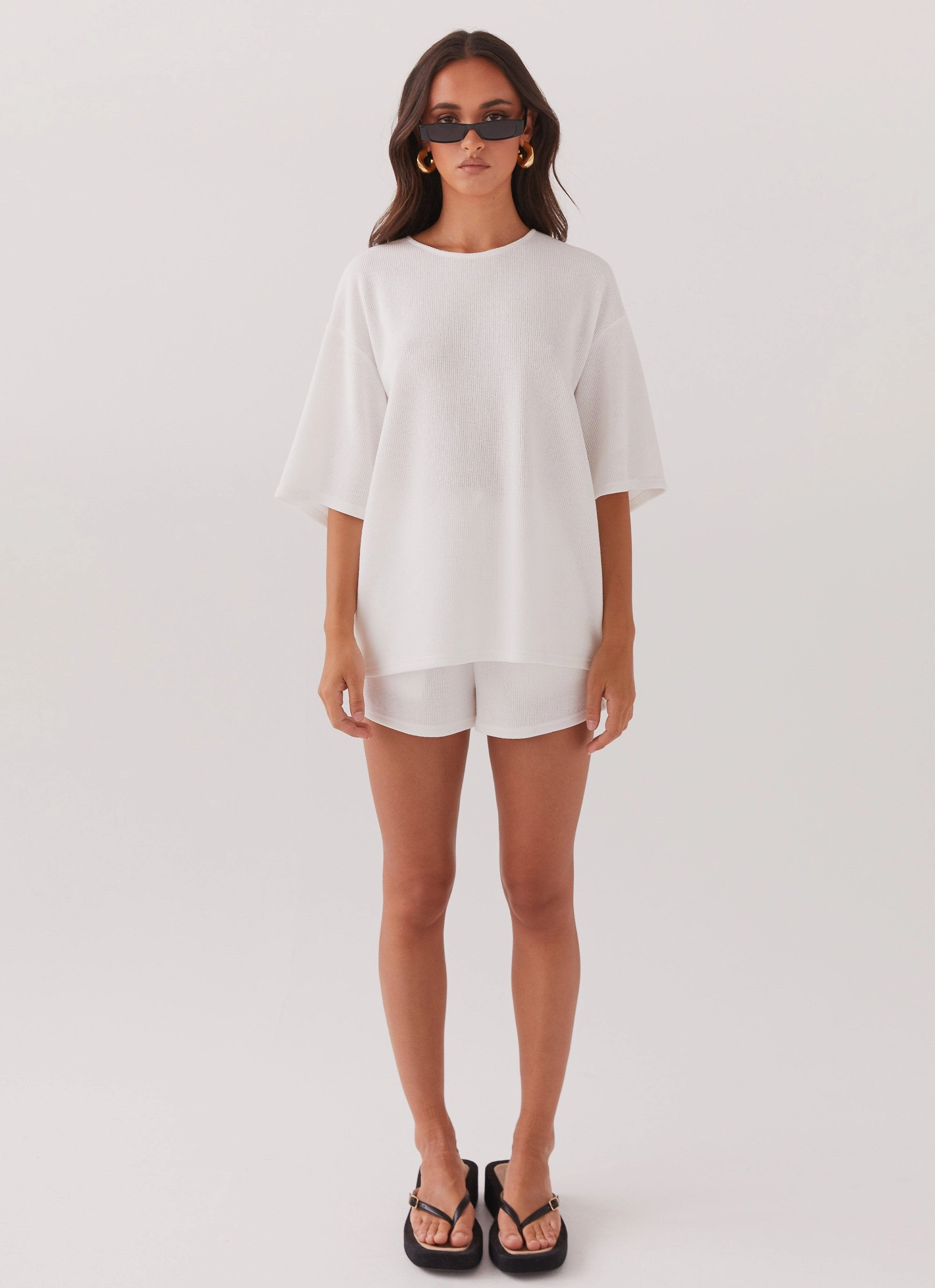 Flexible Fleece Lining Thick Fabric Ocean Waves Oversized Knit Tee - White