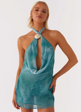 Oceans Away Deep Cowl Mini Dress - Green Tie Dye Kind Glow Airy Drape