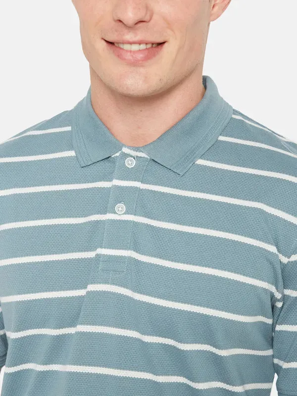 Octave Polo Collar Short Sleeveless Striped Regular Fit Cotton T-Shirt