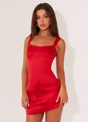 Bold Color Clasp-Closure Odette Satin Mini Dress - Red