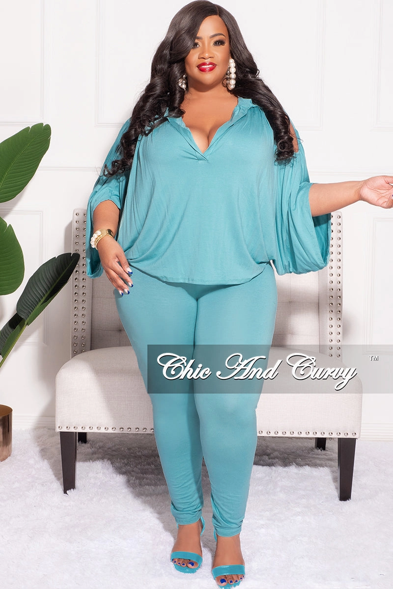 Final Sale Plus Size 2pc Cold Shoulder Shirt Top and Pants Nile Blue Tapered Leg Design No Fuss