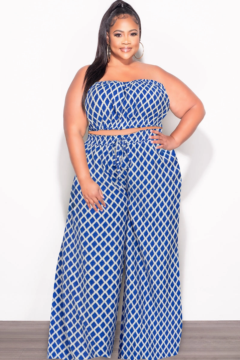 Seasonal Basic Comfort-First Final Sale Plus Size 2pc Strapless Crop Top and Flare Pants Set In Royal Blue & White Print