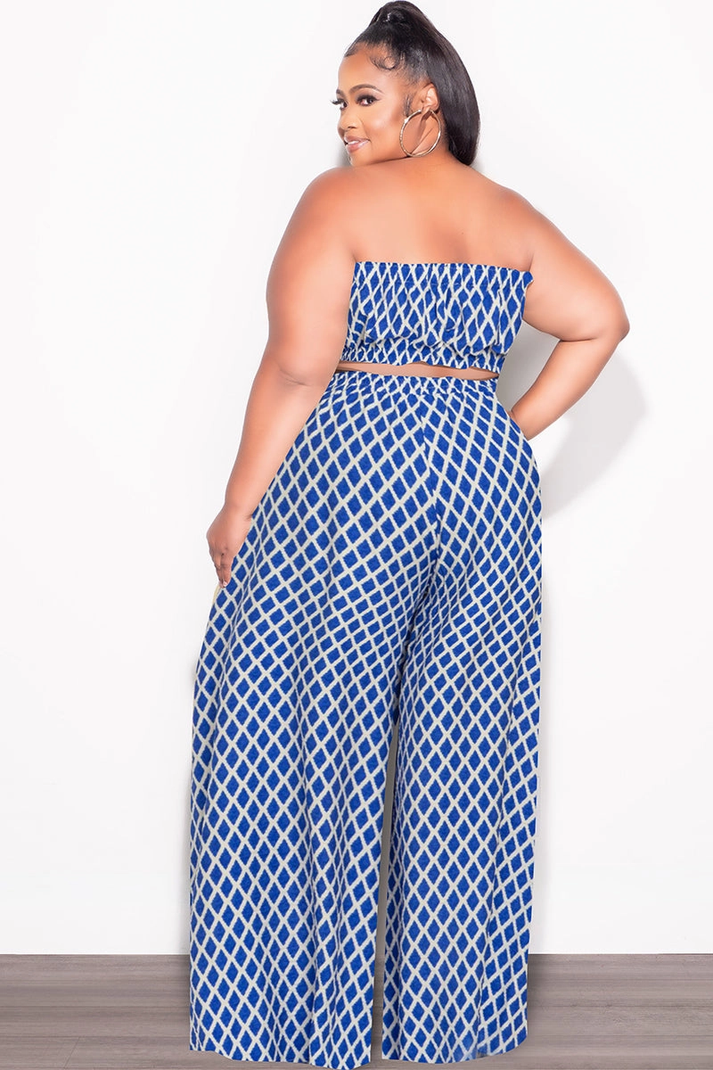 Sport Comfort Fit Final Sale Plus Size 2pc Strapless Crop Top and Flare Pants Set In Royal Blue & White Print