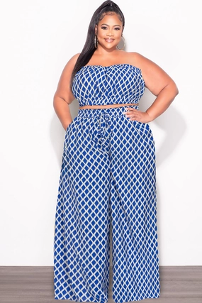 Final Sale Plus Size 2pc Strapless Crop Top and Flare Pants Set In Royal Blue & White Print Multi Use ElasticWaist