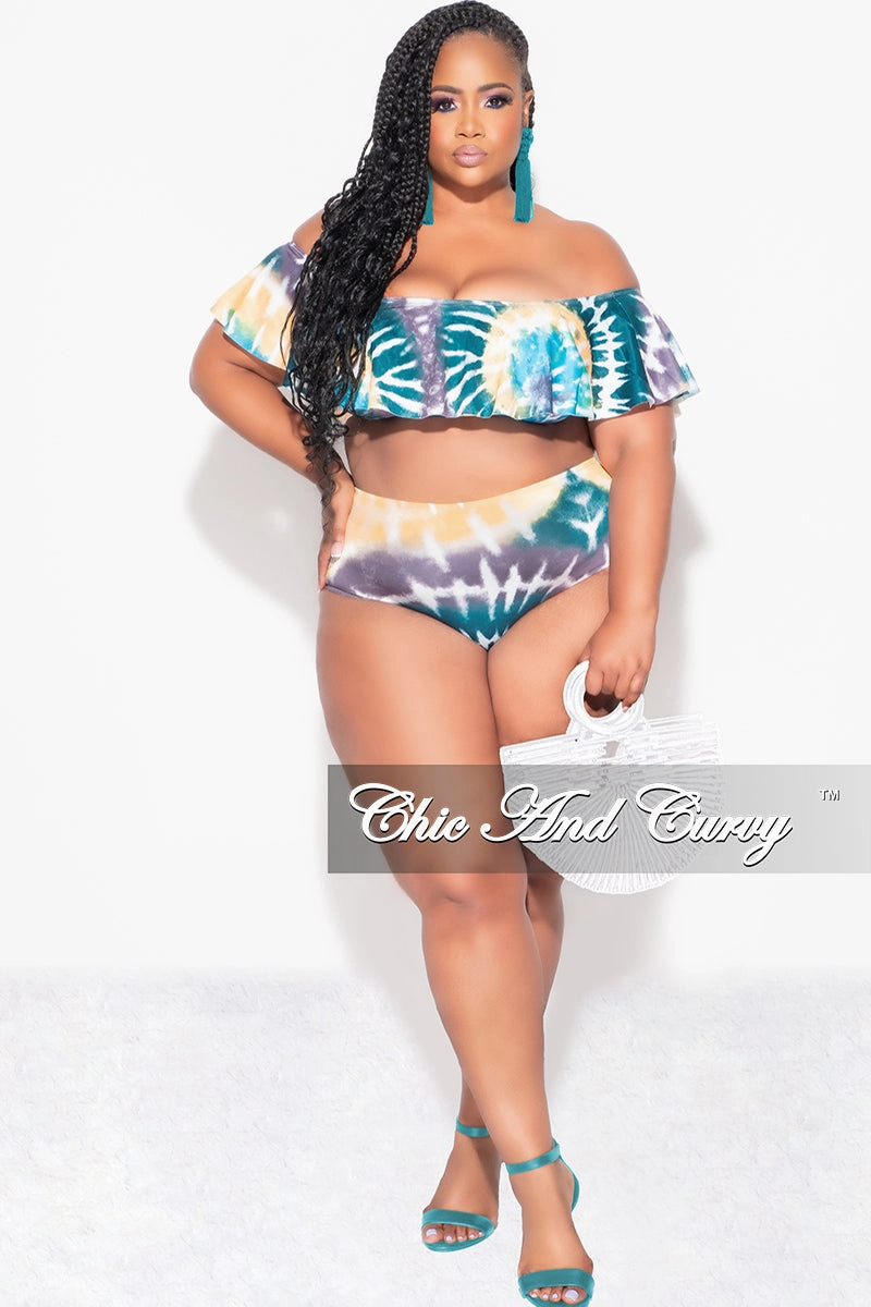 Heat Control Minimal Waist Final Sale Plus Size Tie Dye Ruffle Bikini Set in Teal / Mustard Tie Dye Print