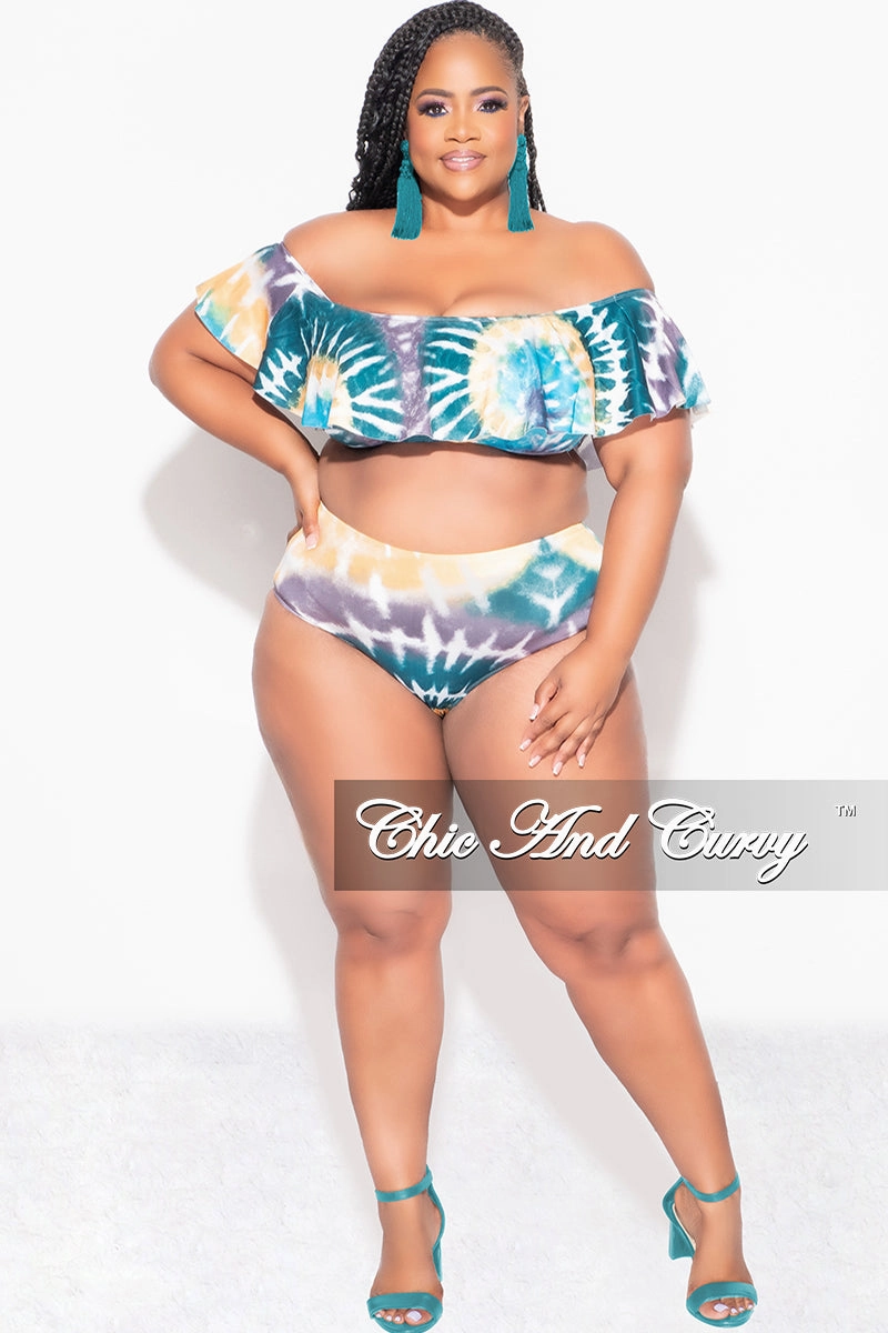 Final Sale Plus Size Tie Dye Ruffle Bikini Set in Teal / Mustard Tie Dye Print Cold Weather Wear Dynamic Fit