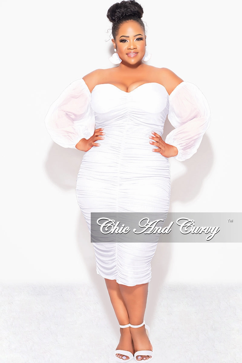 Final Sale Plus Size Mesh Shirring Tube Midi Dress with Mesh Sleeves in White All-Day Wear