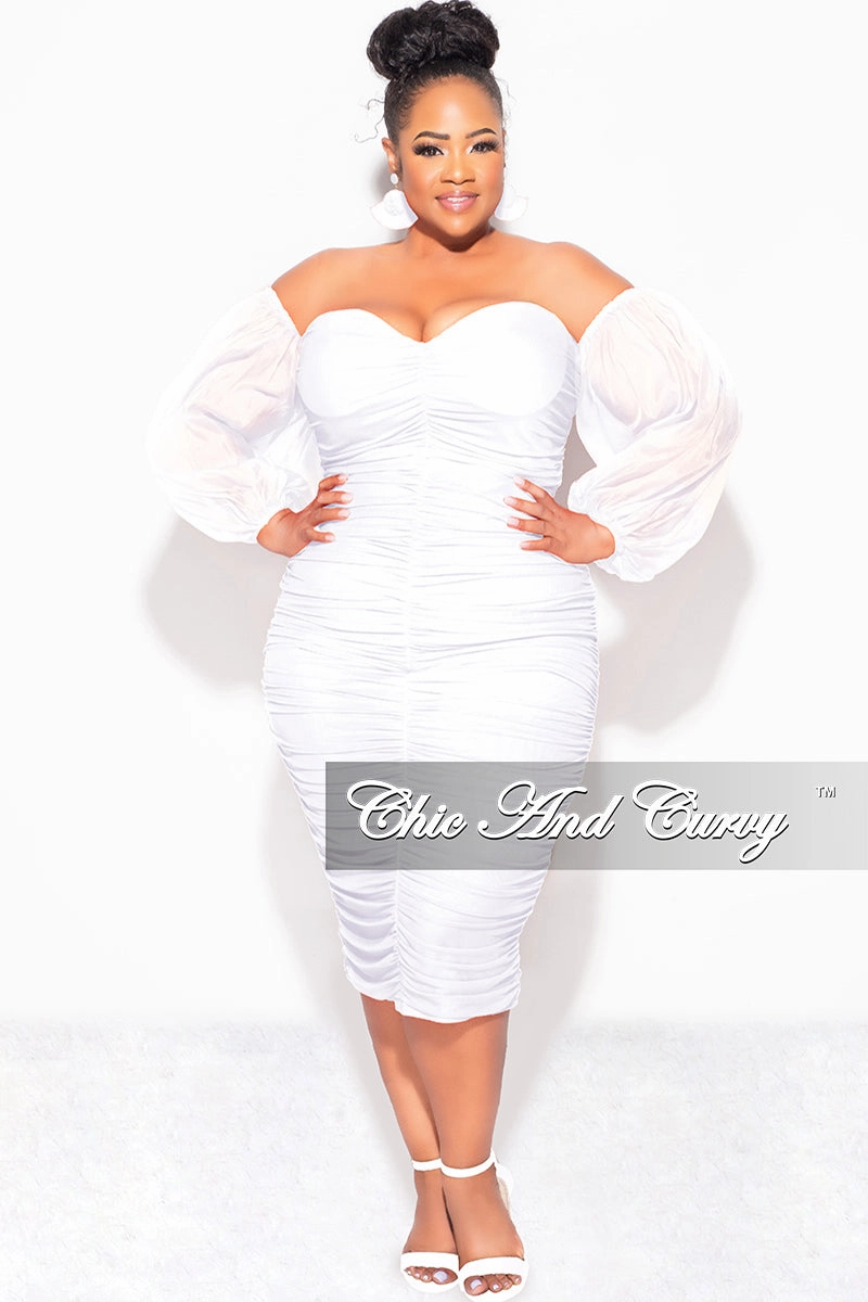 Final Sale Plus Size Mesh Shirring Tube Midi Dress with Mesh Sleeves in White Slim Comfort