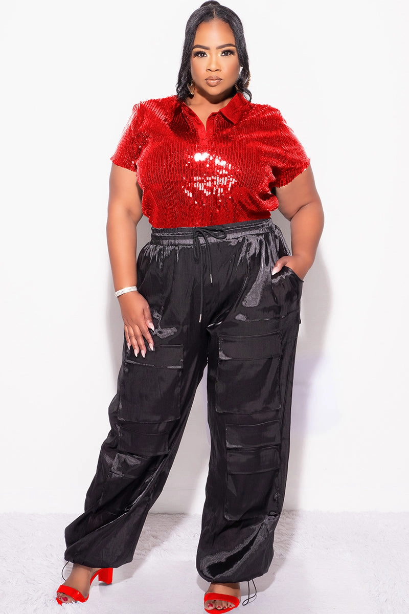 Final Sale Plus Size Collar Sequin Top in Red PolishedFinish