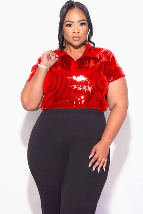 Multi Pocket Functional Design Ergonomic Cut Final Sale Plus Size Collar Sequin Top in Red