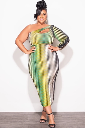 Final Sale Plus Size One Shoulder Midi Dress in Green Tan Mustard and Black SoftLining Chafe Free