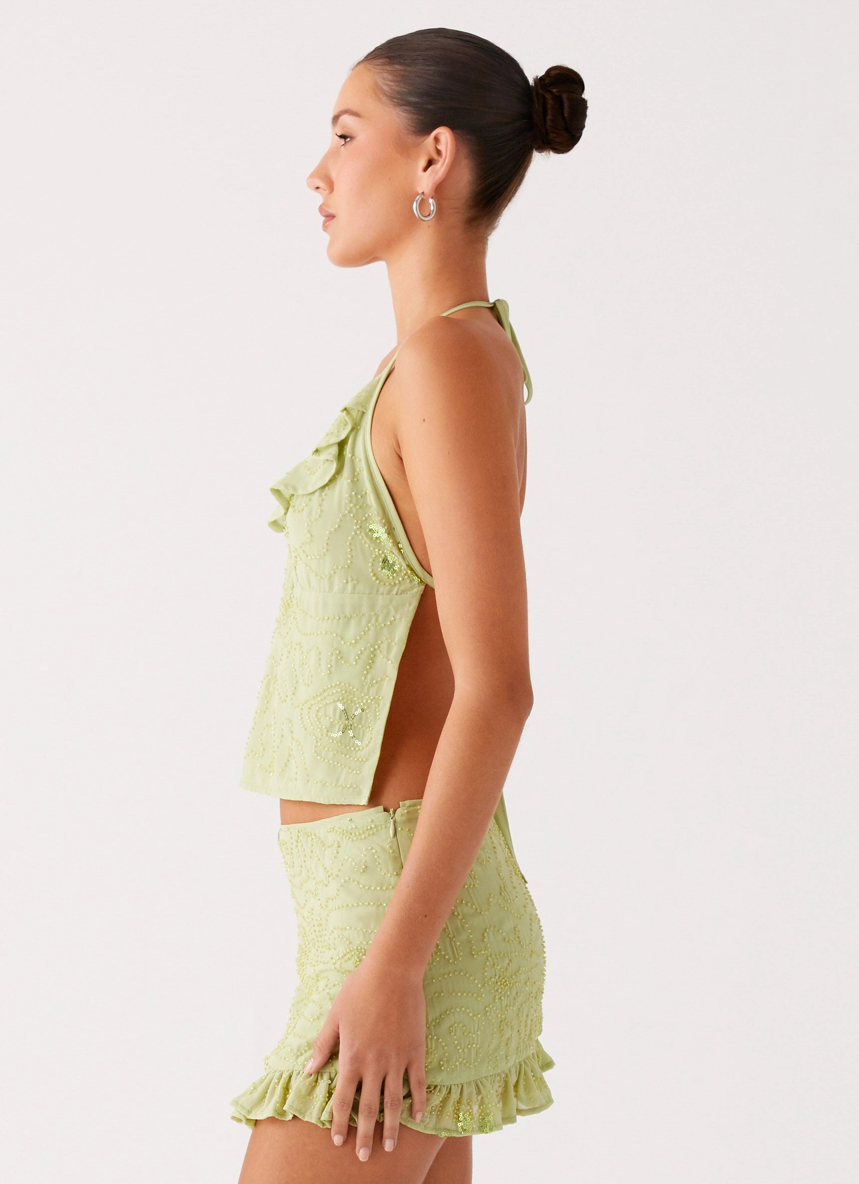 Mesh Panel Details Ventilated Panel Design Savoir Beaded Halter Top - Mint