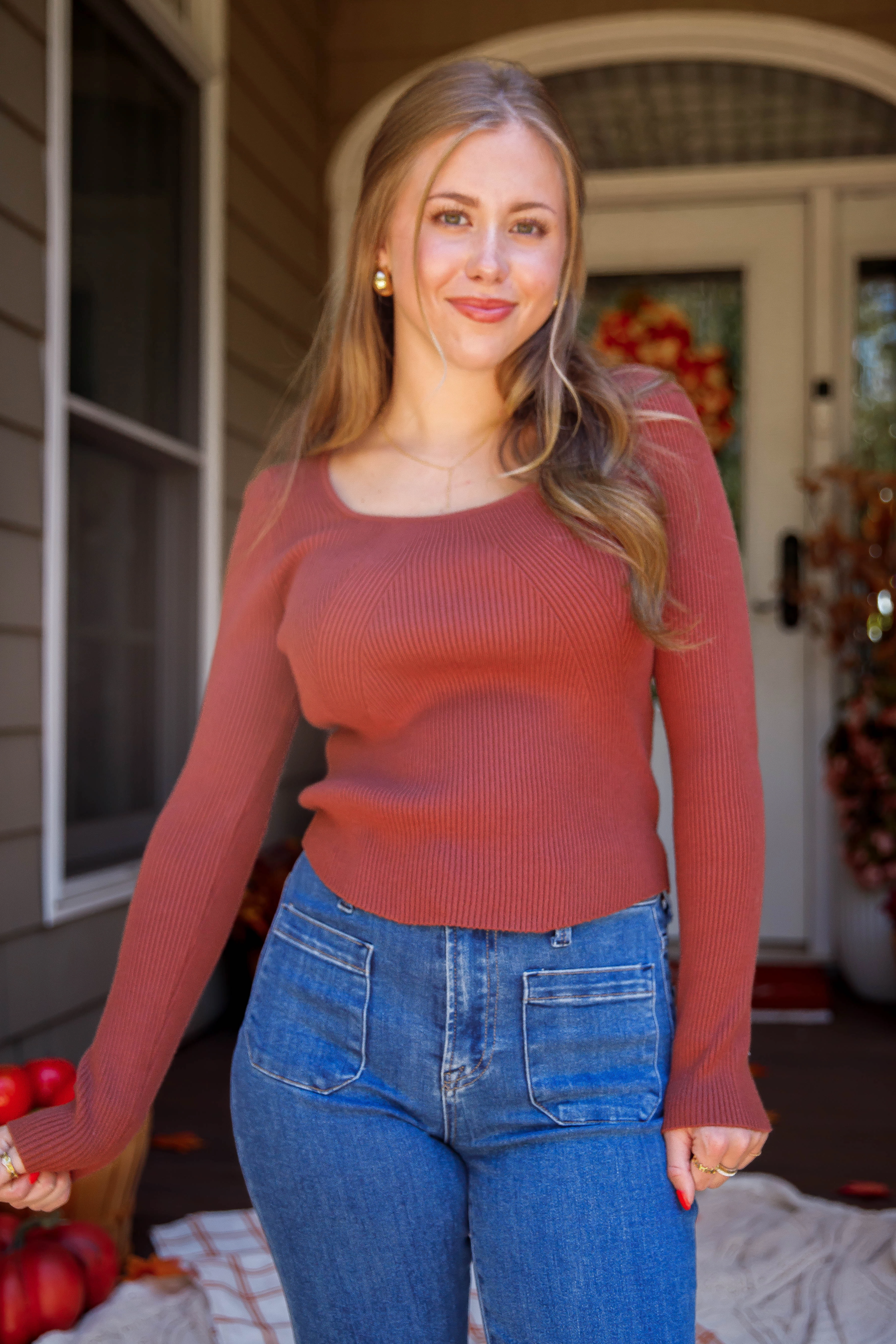 Holding On To Faith Ribbed Top-Rust MoistureWicking Fabric Weighted Hem