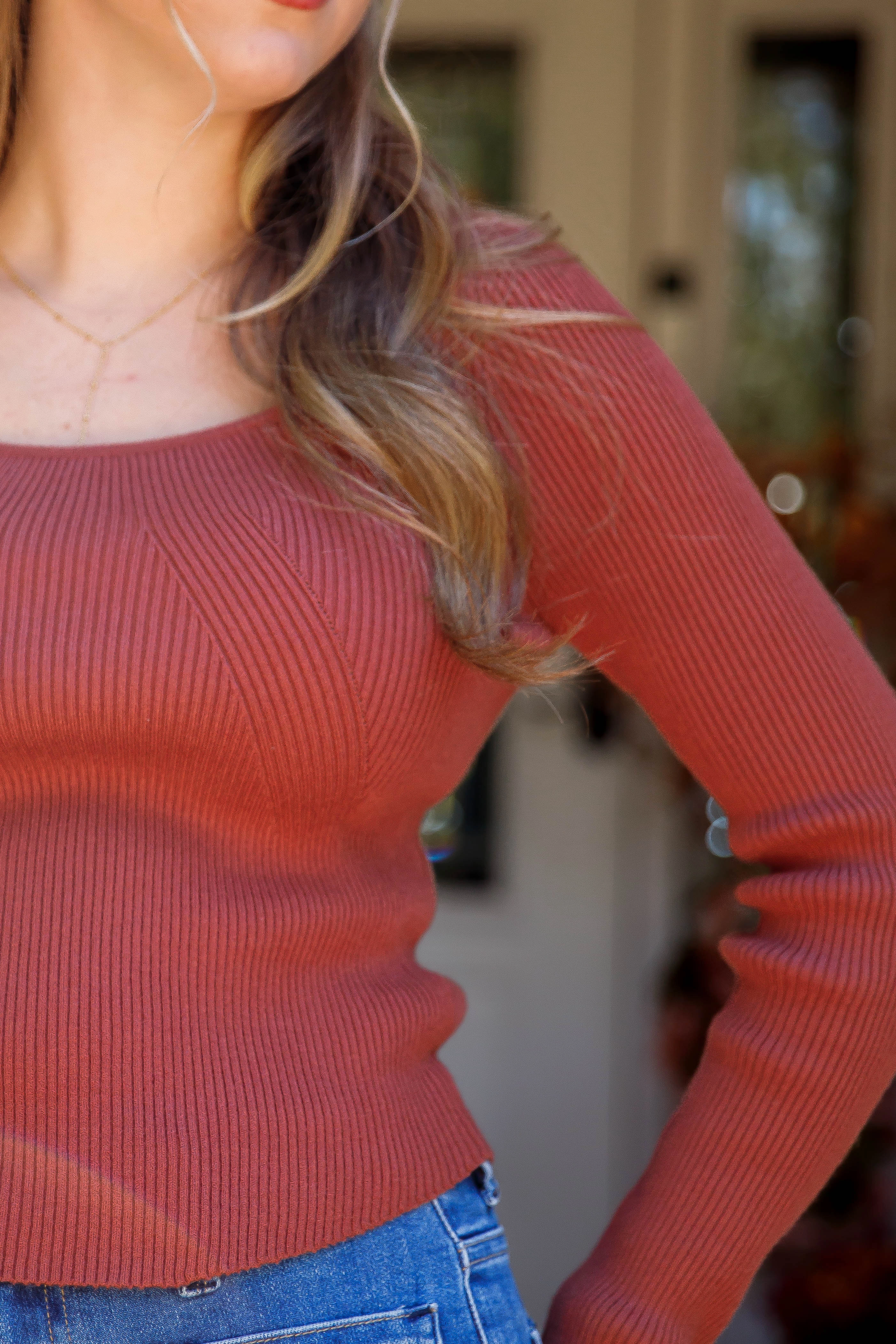 Holding On To Faith Ribbed Top-Rust Layered Neckline Details