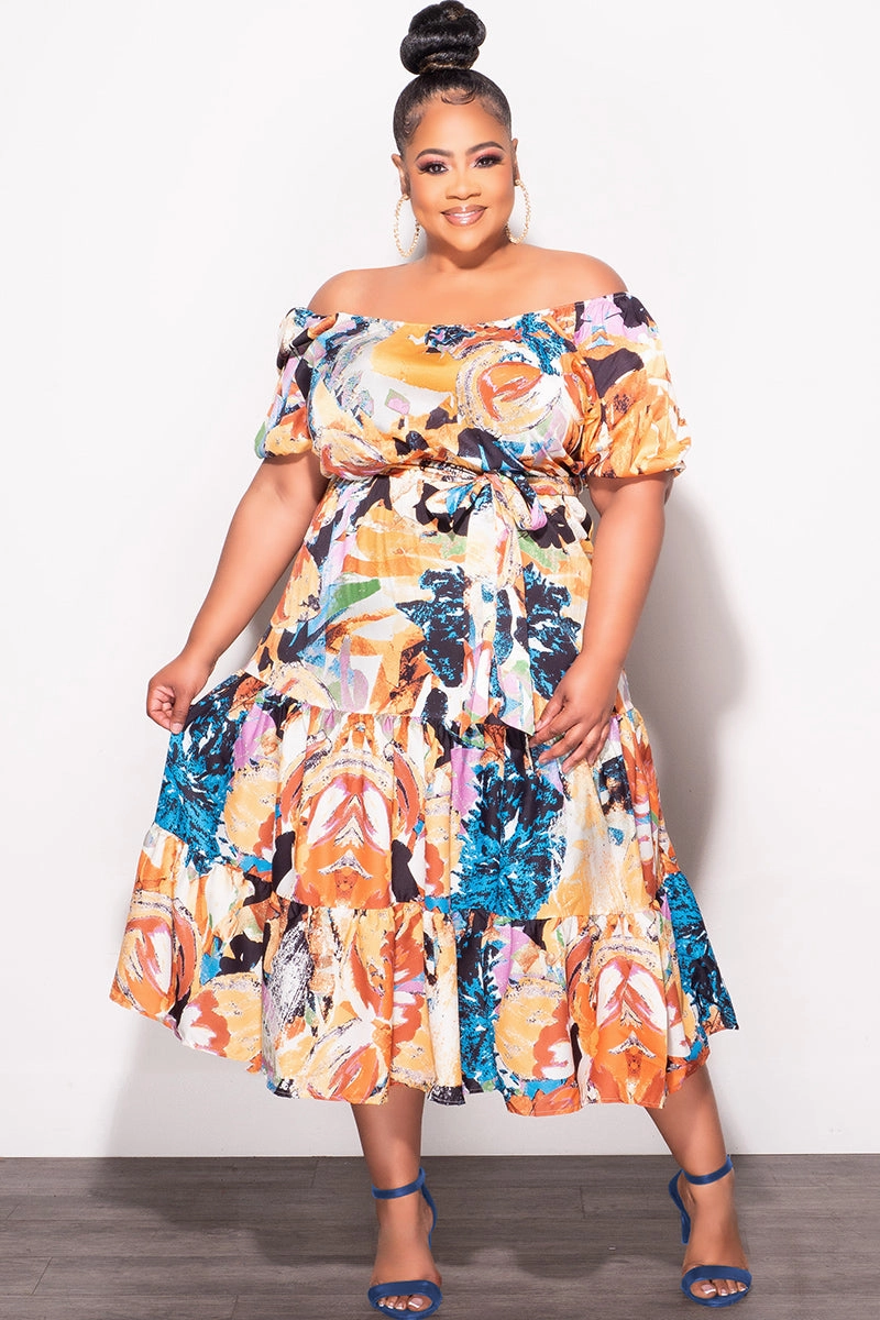 All Day Comfort Fit Daily Wear Final Sale Plus Size Off the Shoulder Dress with Waist Tie and Ruffle Bottom in Multi Color Print
