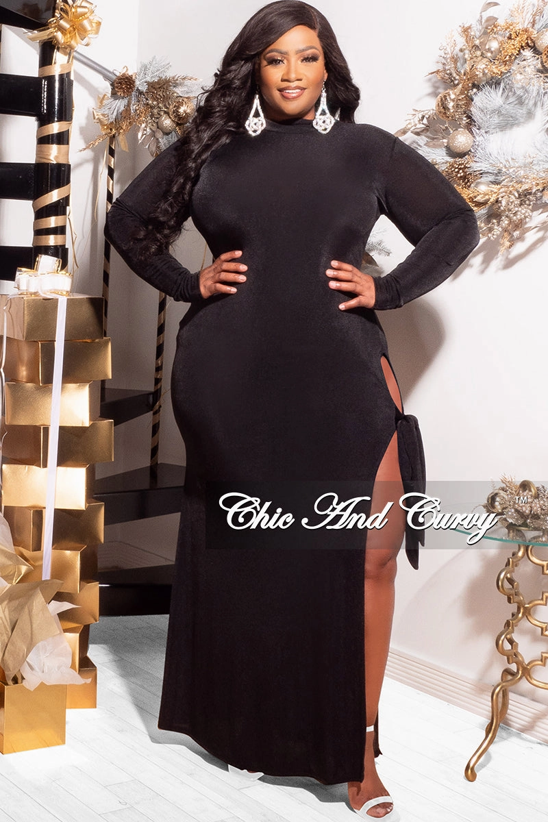 Quick Dry Tech Final Sale Plus Size Maxi Dress with High Slit and Tie in Black