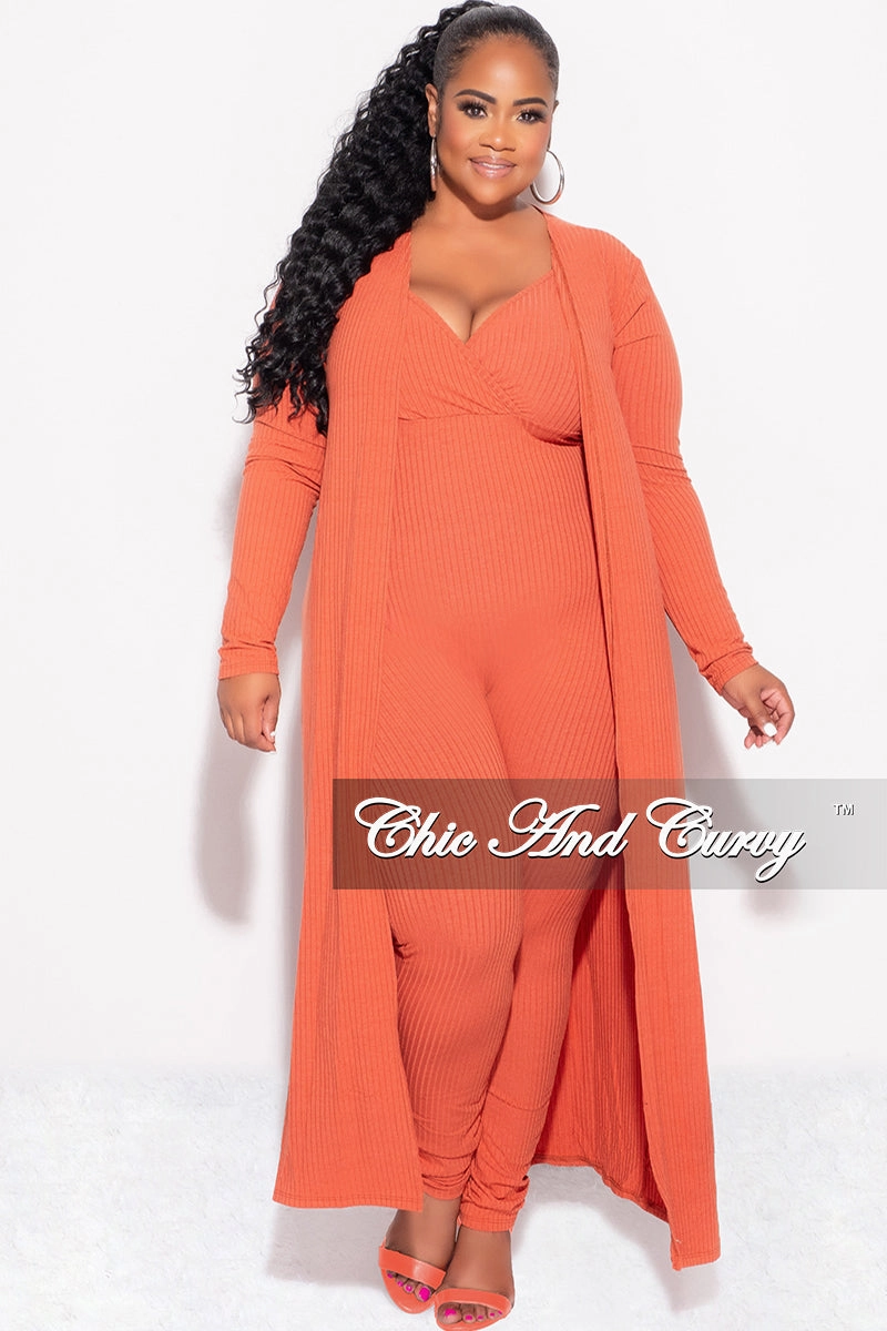 Seamless Waist Technology Functional fashion wear Final Sale Plus Size 2pc Ribbed Duster & Spaghetti Strap Jumpsuit Set in Orange
