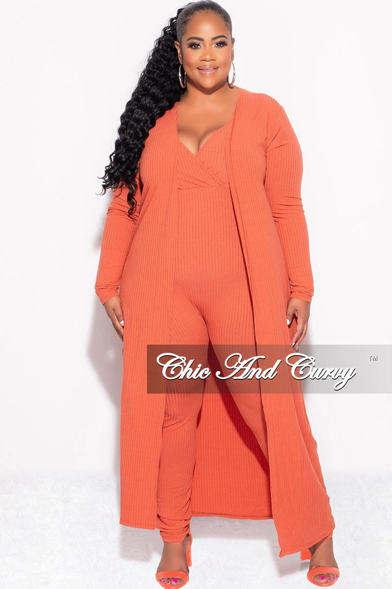 Final Sale Plus Size 2pc Ribbed Duster & Spaghetti Strap Jumpsuit Set in Orange Breath Flex