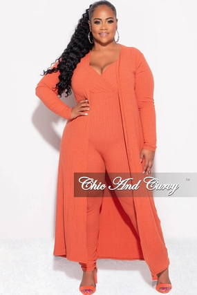 Final Sale Plus Size 2pc Ribbed Duster & Spaghetti Strap Jumpsuit Set in Orange Modular Attachment Casual Chic