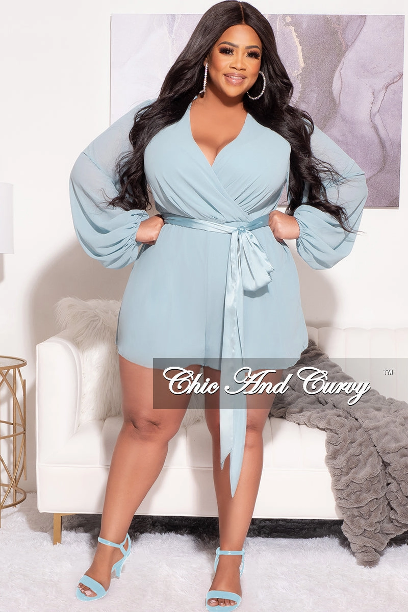 Final Sale Plus Size Chiffon Faux Wrap Bell Sleeve Romper in Light Teal Blue Flex Wear Relaxed Comfort Fit