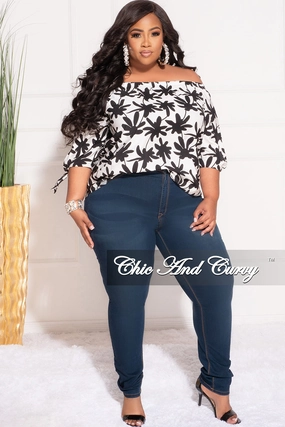 Final Sale Plus Size Off the Shoulder Top in White and Black Chestnut Leaf Print SoftTouchFinish Breathable Waist
