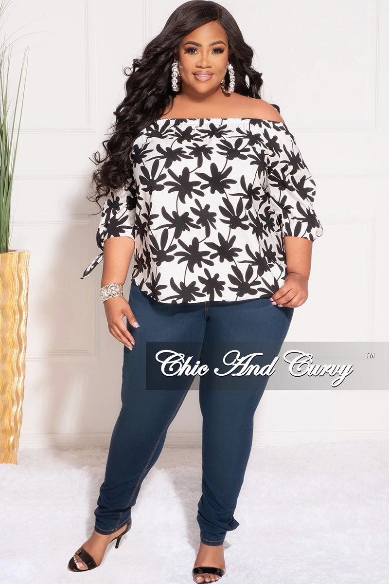 Final Sale Plus Size Off the Shoulder Top in White and Black Chestnut Leaf Print Lightweight Design