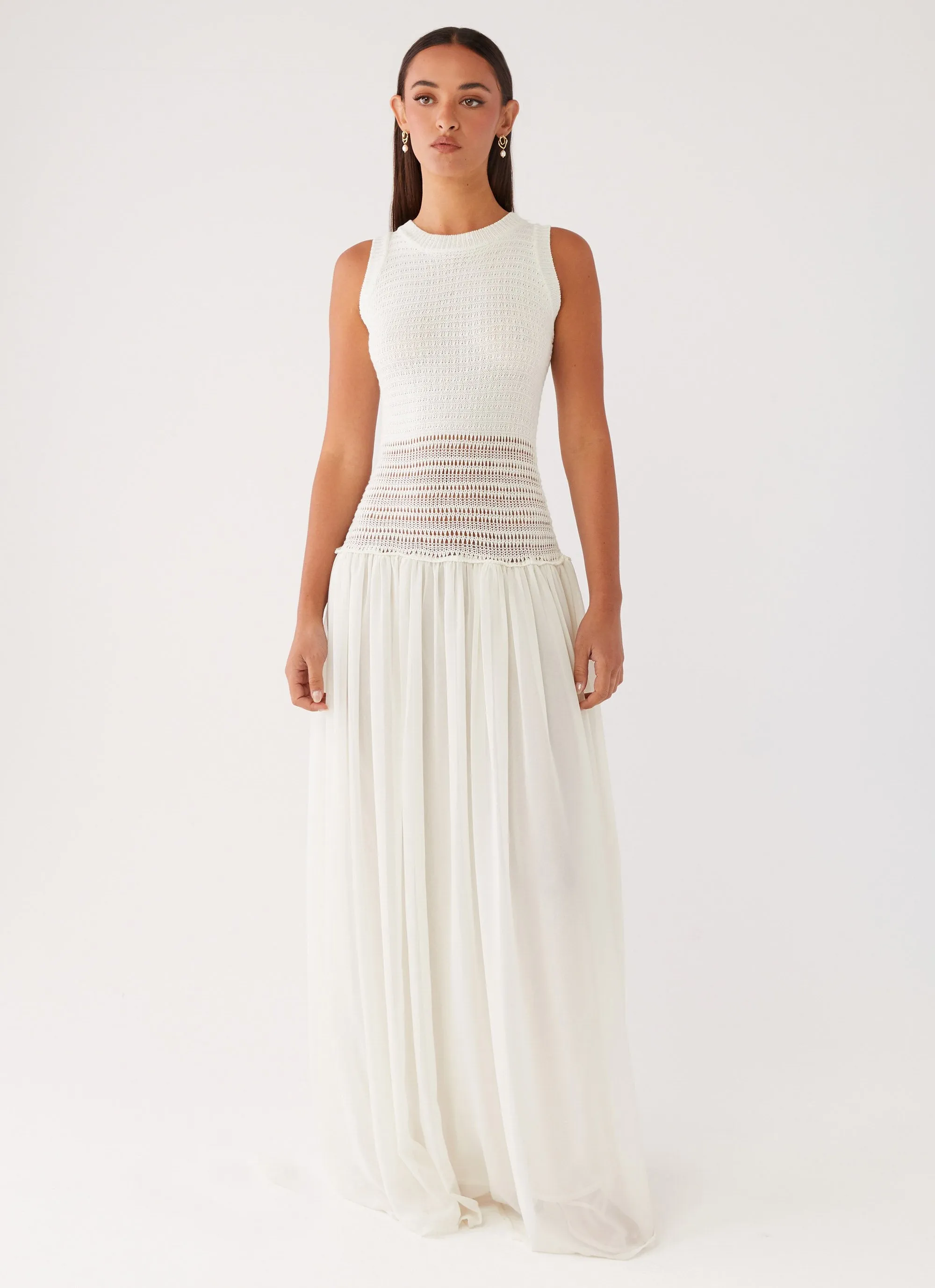Off Grid Crochet Maxi Dress - White NonSlipClosure Pose Glow