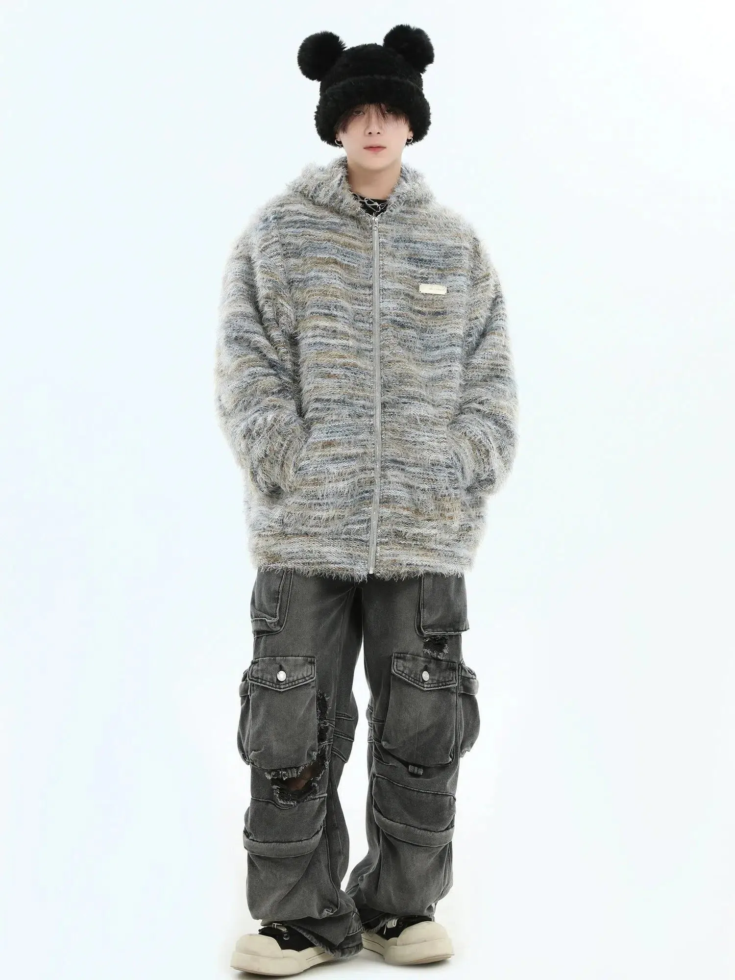 Oil Paint Striped Knit Zip-Up Hoodie