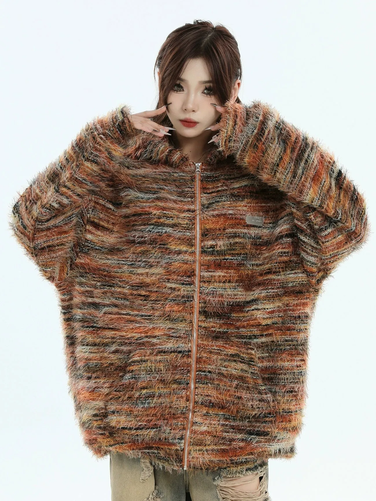 Oil Paint Striped Knit Zip-Up Hoodie