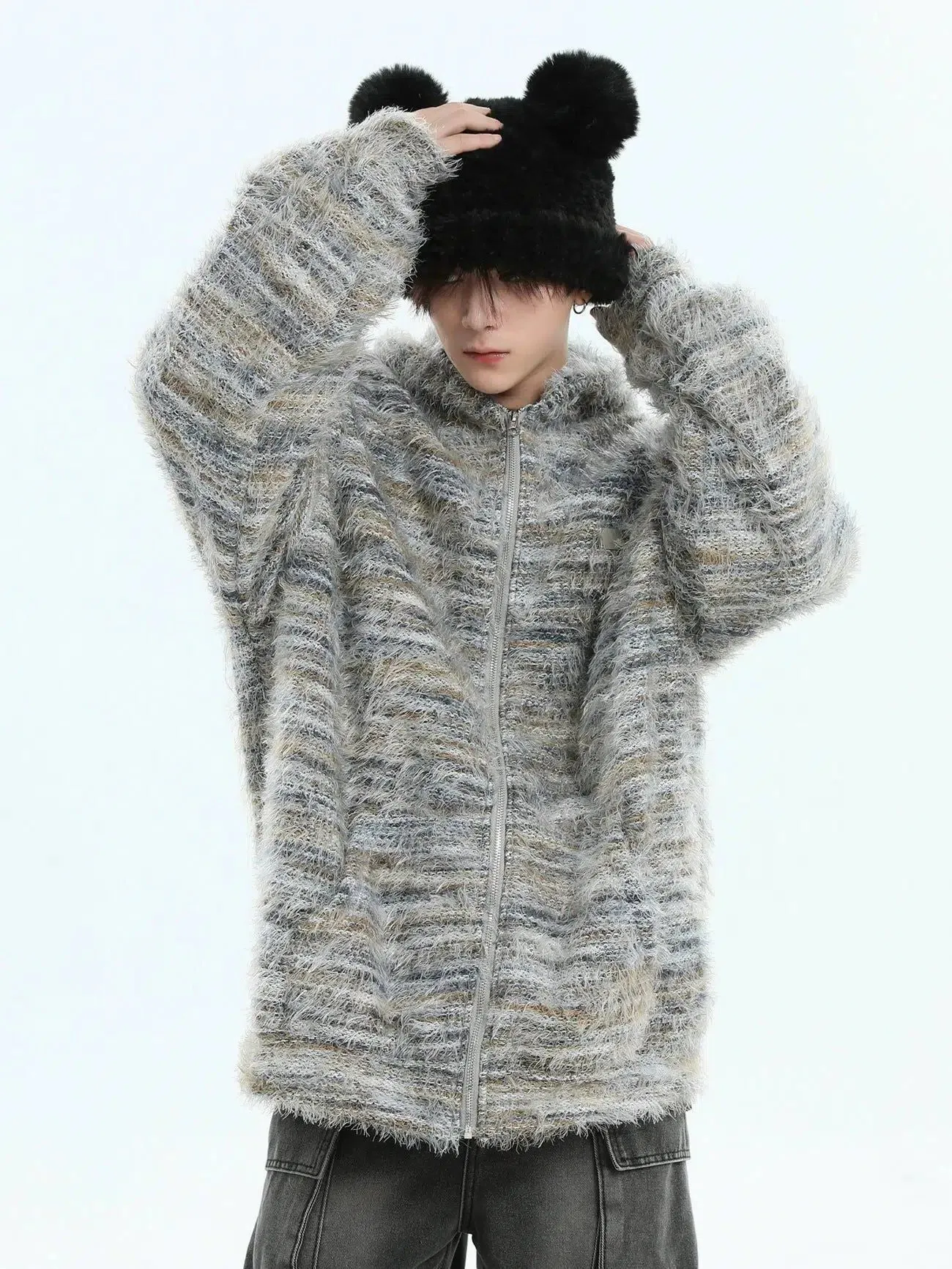 Oil Paint Striped Knit Zip-Up Hoodie
