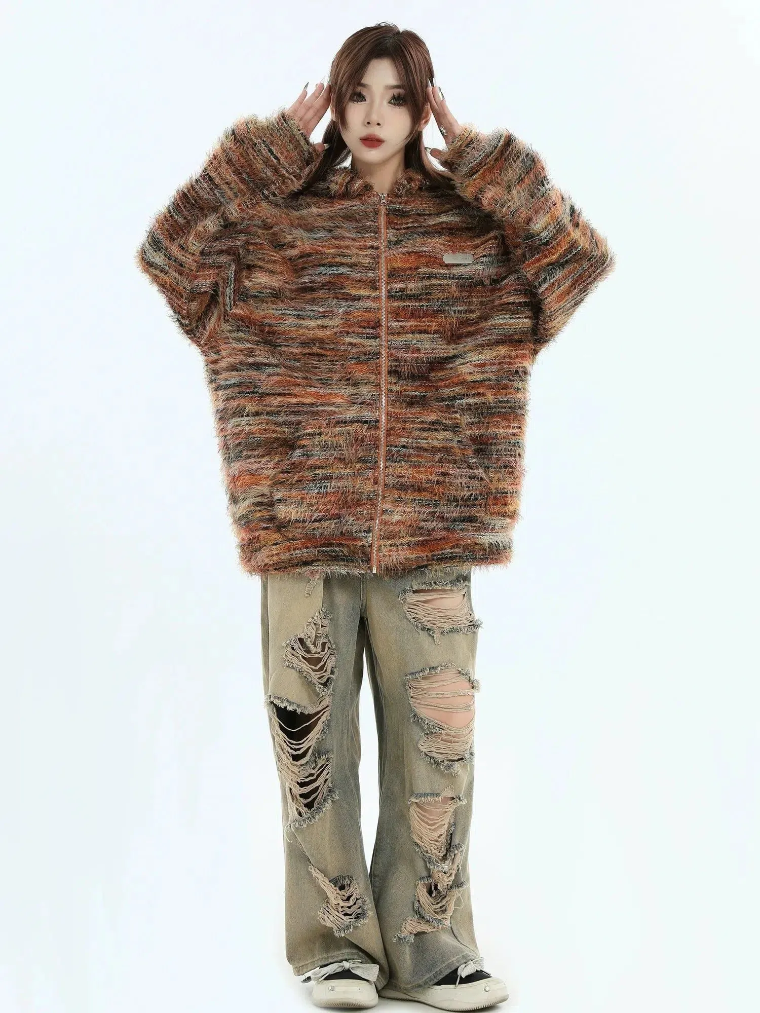 Oil Paint Striped Knit Zip-Up Hoodie
