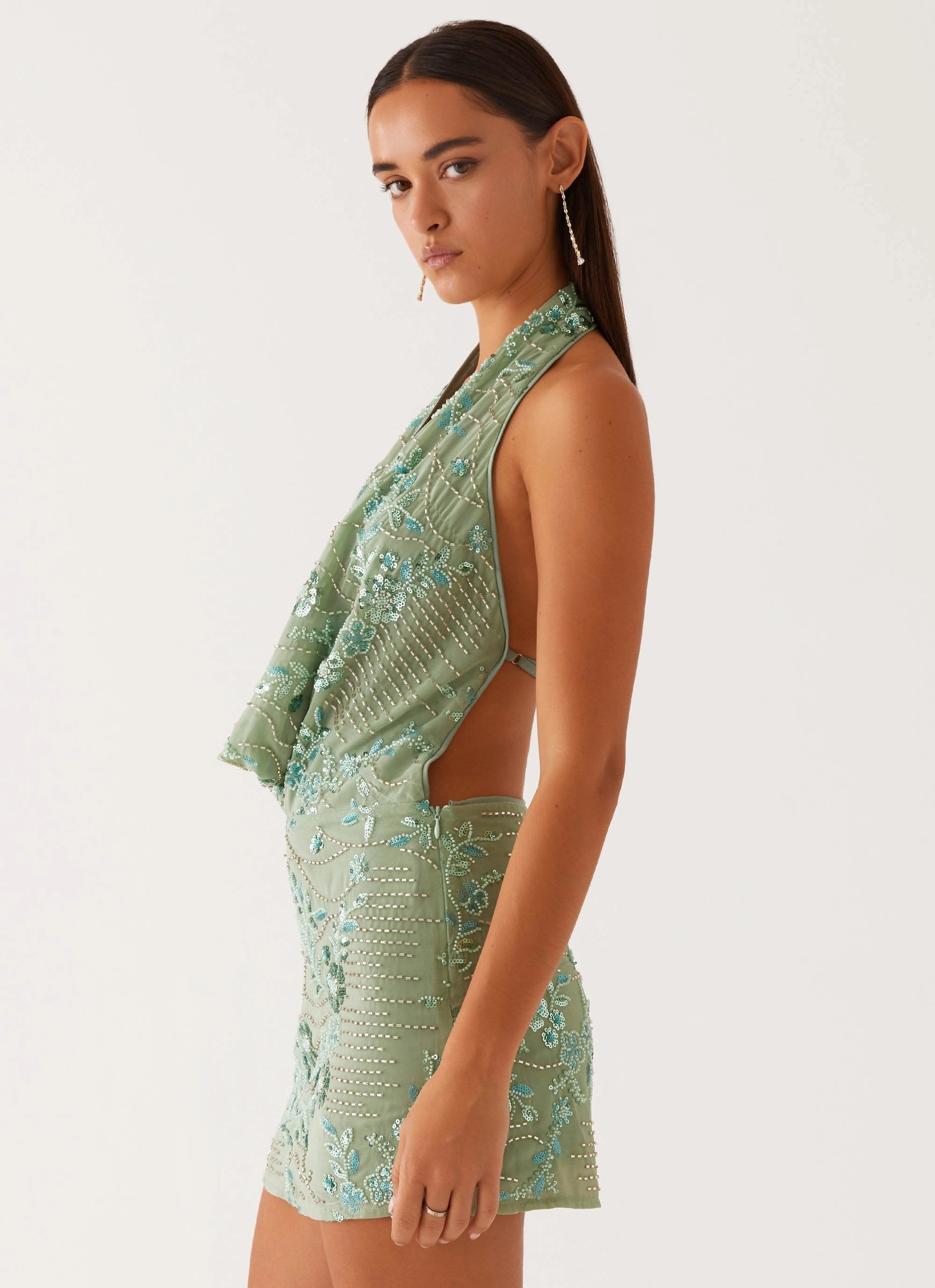 Urban appeal Trendy Everyday Olisa Cowl Neck Beaded Mini Dress - Mint