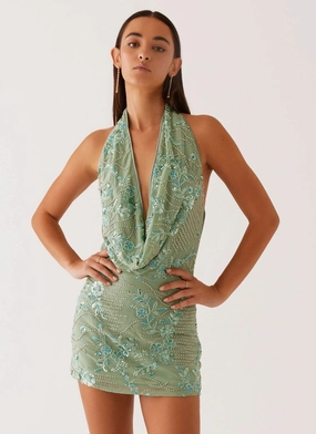 Olisa Cowl Neck Beaded Mini Dress - Mint Bow Glow