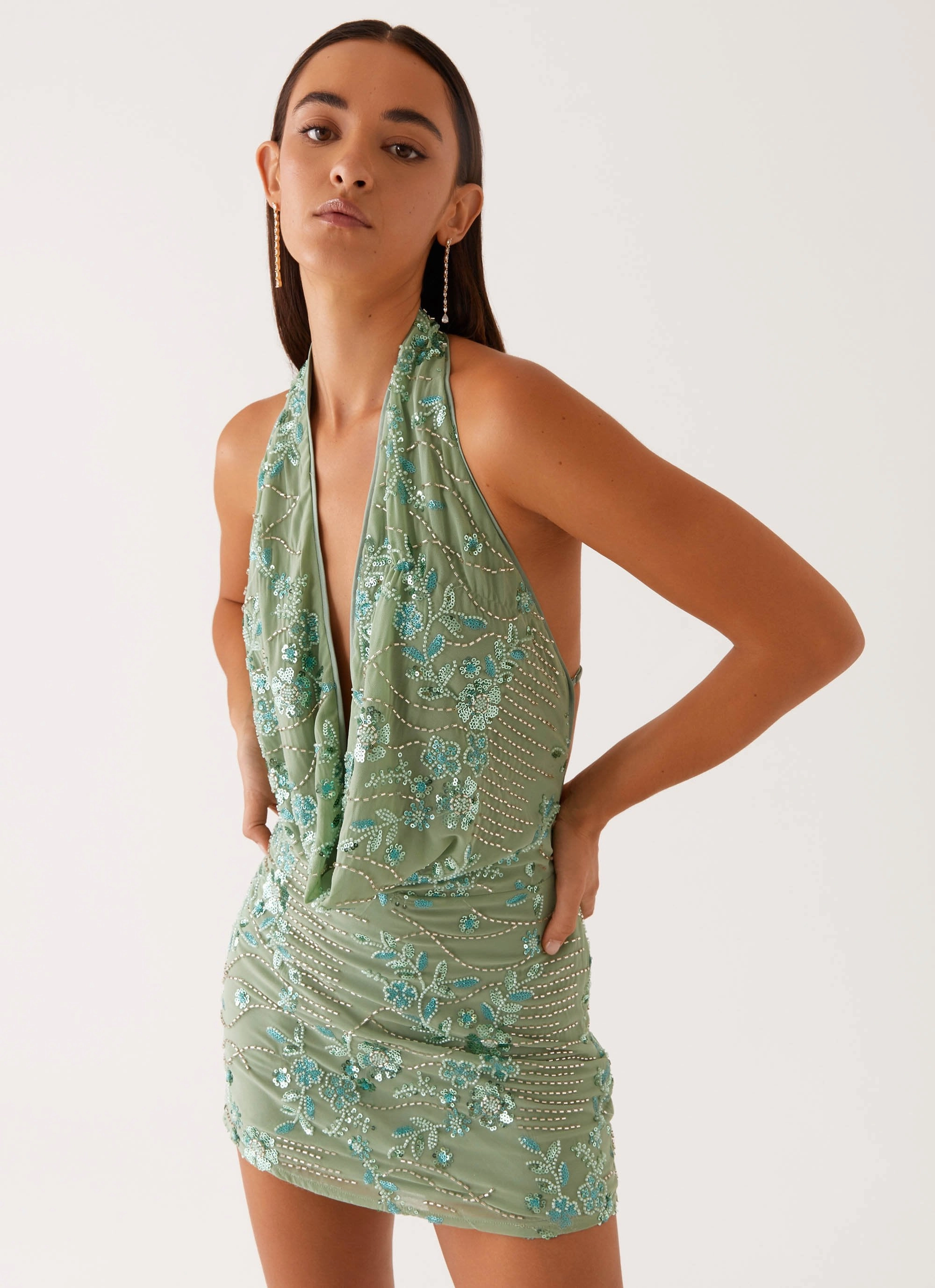 Olisa Cowl Neck Beaded Mini Dress - Mint Subtle Look