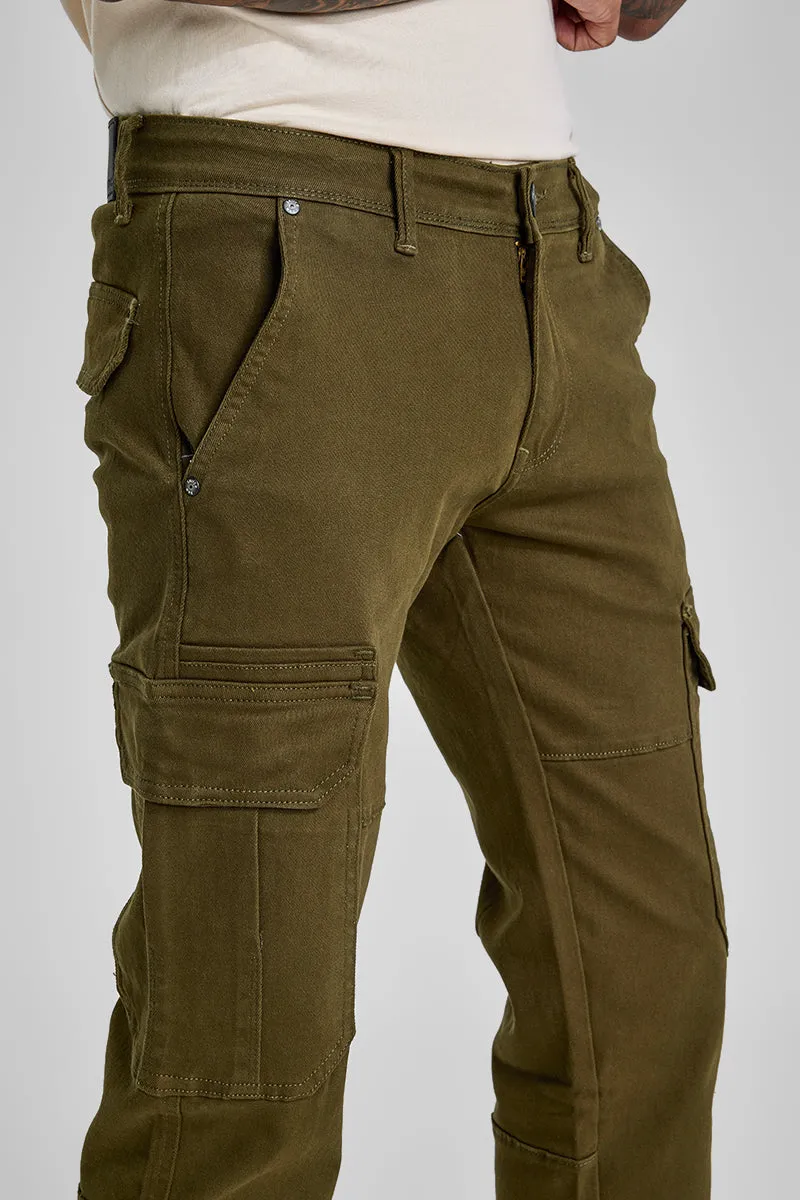 Olive Slim Fit Cargo Jeans