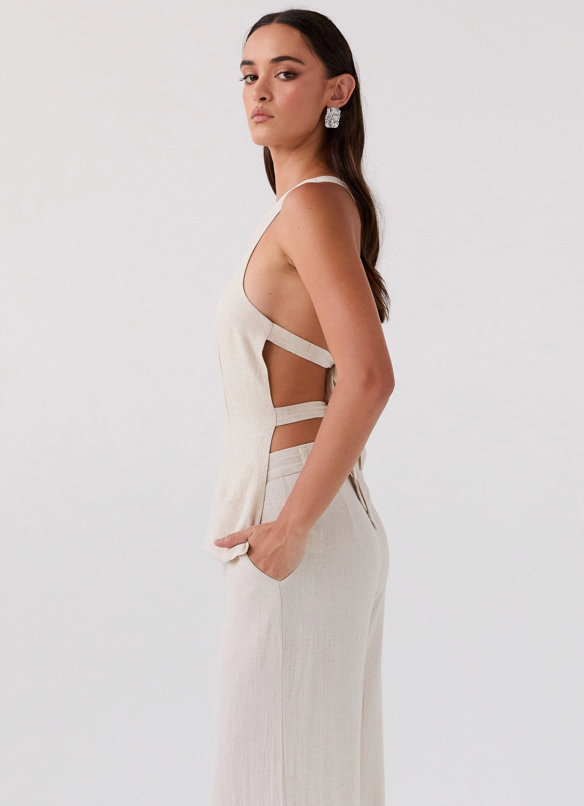 Olsen Linen One Shoulder Top - Oatmeal Button Fastenings