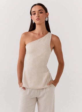Olsen Linen One Shoulder Top - Oatmeal Reinforced Elbows