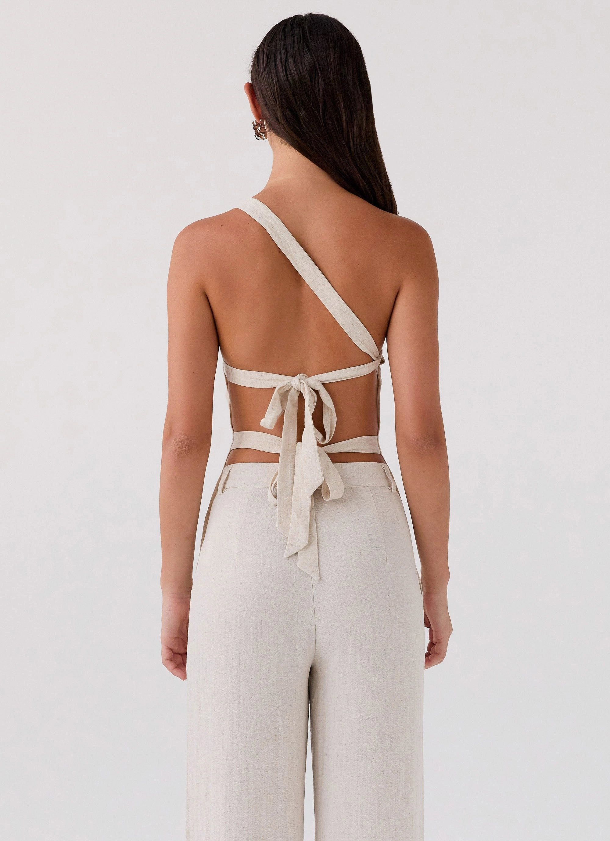 Olsen Linen One Shoulder Top - Oatmeal Stand Up Collar Durable Outer Shell