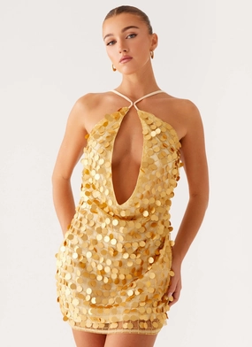 Xander Sequin Mini Dress - Gold Classic sheath dress Slit-Hem