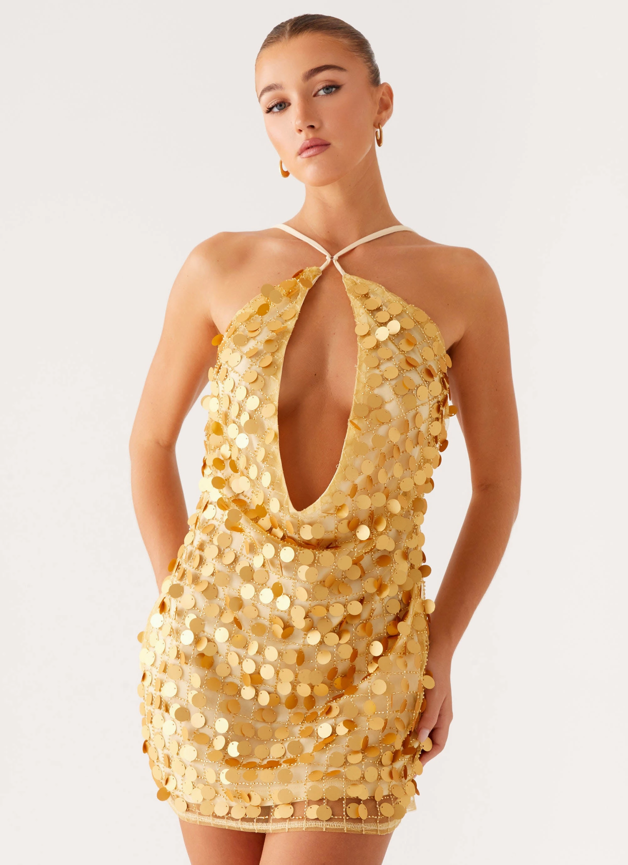 Xander Sequin Mini Dress - Gold Classic sheath dress Slit-Hem